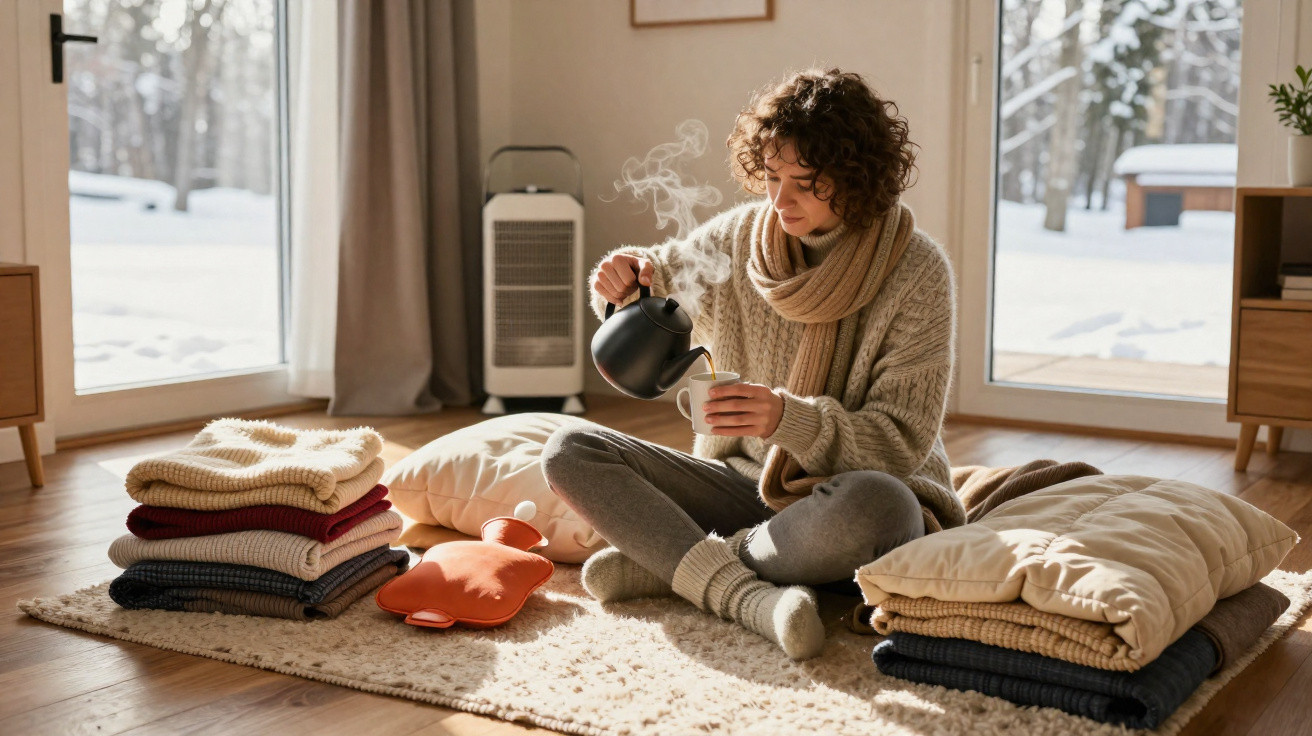Woman in cosy sweater and scarf pours hot drink into cup while sitting on rug surrounded by folded blankets and cushions.