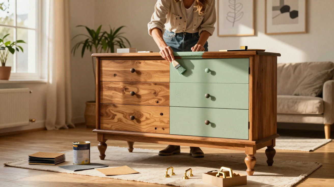 Person painting wooden dresser drawers green in a sunlit living room with scattered painting supplies.