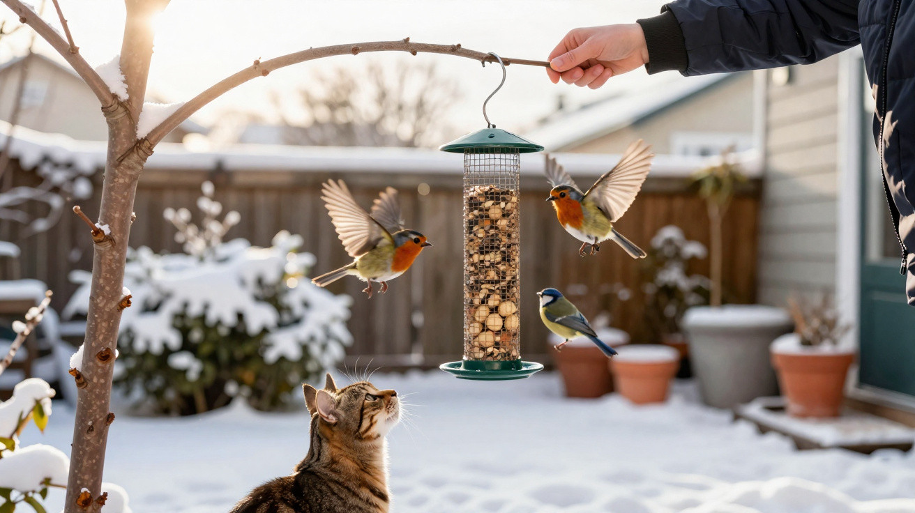 Hand holding bird feeder with seeds, attracting two robins and a blue tit, with a cat watching in snowy garden.
