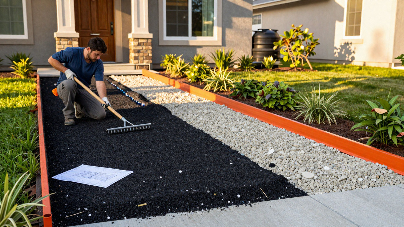 Man using a rake to level black gravel on a garden pathway next to white gravel and plants outside a house.