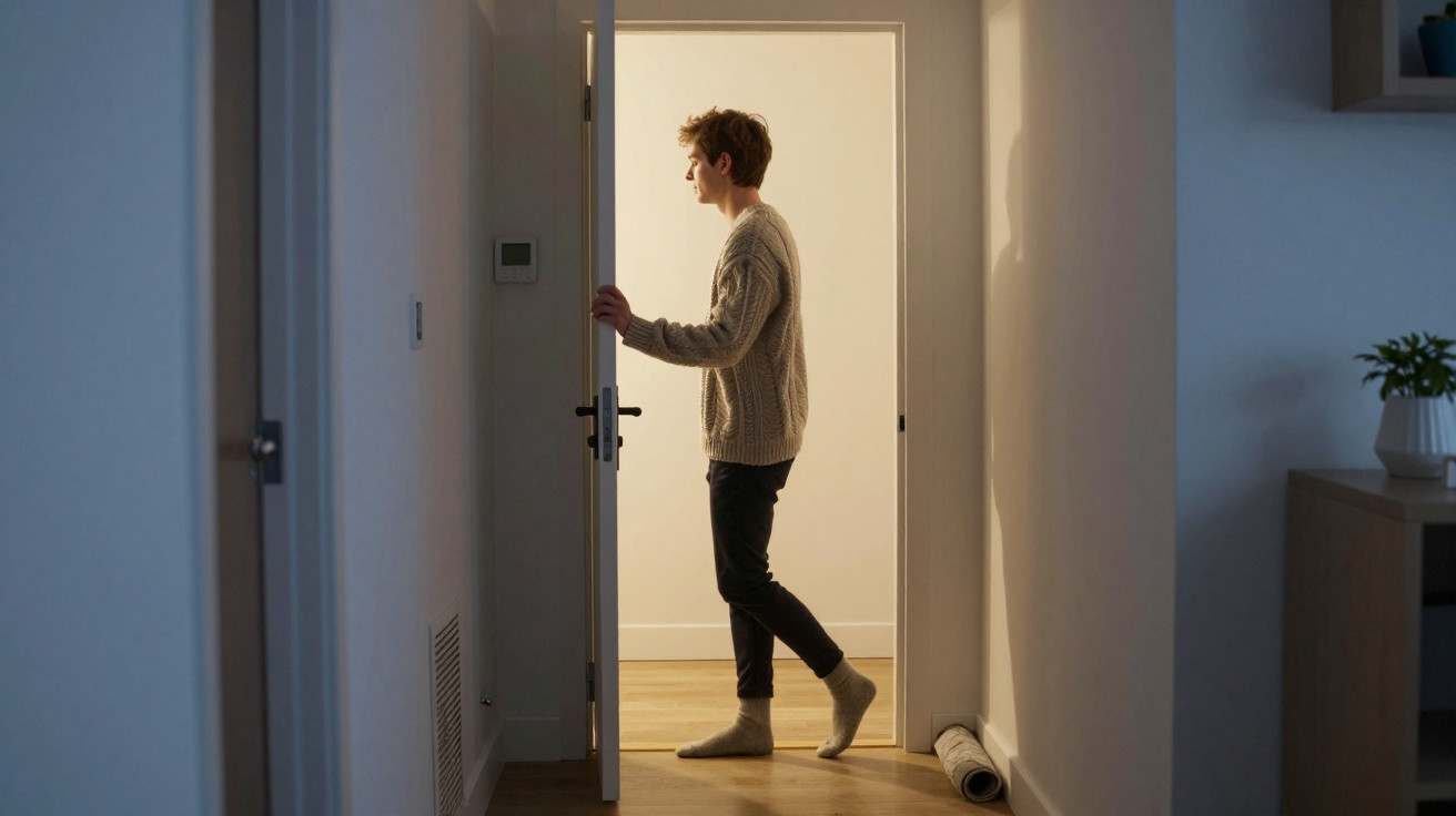 Person in a knitted sweater and socks opening a door into a brightly lit room in a dim hallway.