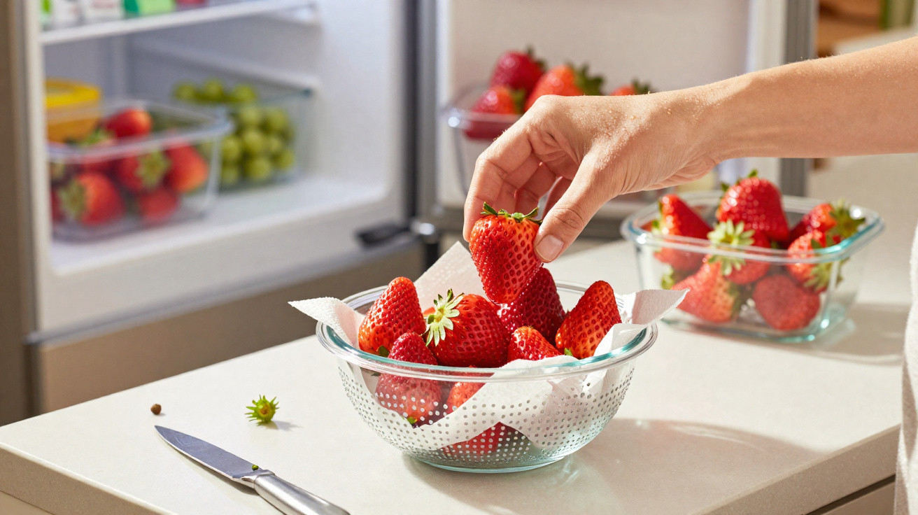 Hand picking a fresh strawberry from a glass bowl on a kitchen counter with an open fridge in the background.