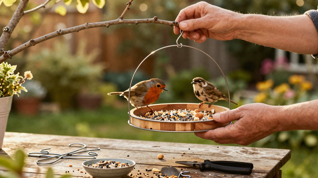 Hands holding a hanging bird feeder tray with seeds, feeding a robin and a sparrow in a garden.
