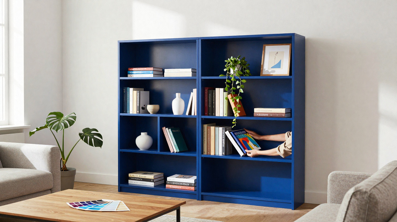 Blue bookshelf with books, decorative items, and a plant in a bright living room with grey sofas.