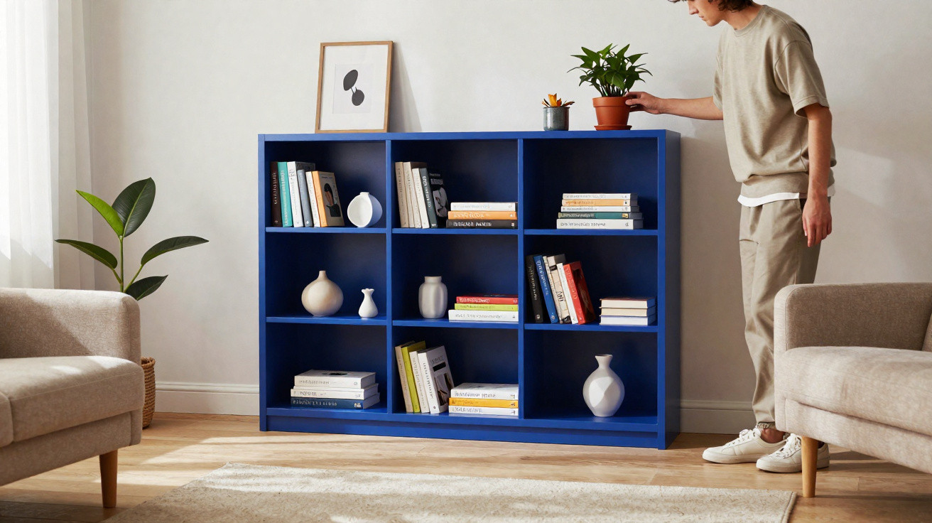 Person arranging a potted plant on a blue bookshelf filled with books and decorative vases in a living room.