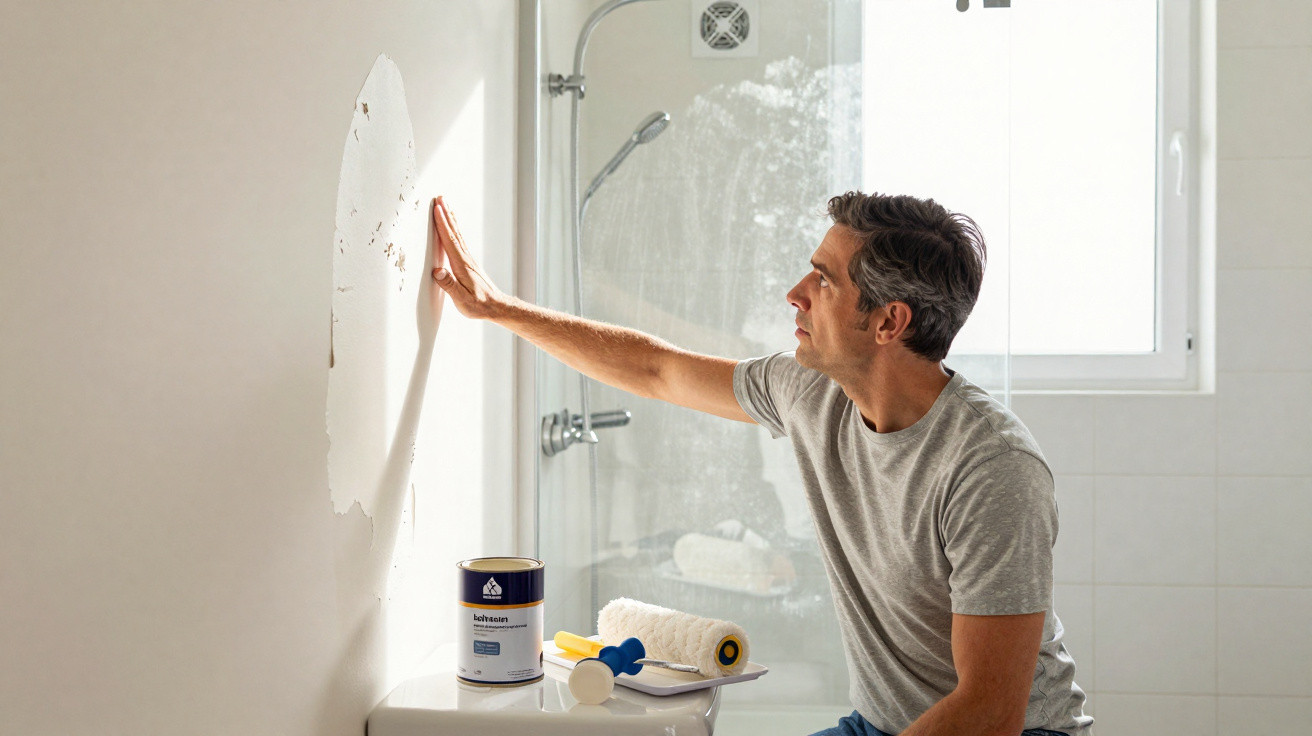Man removing wallpaper in a bright bathroom with painting supplies on a toilet seat nearby.