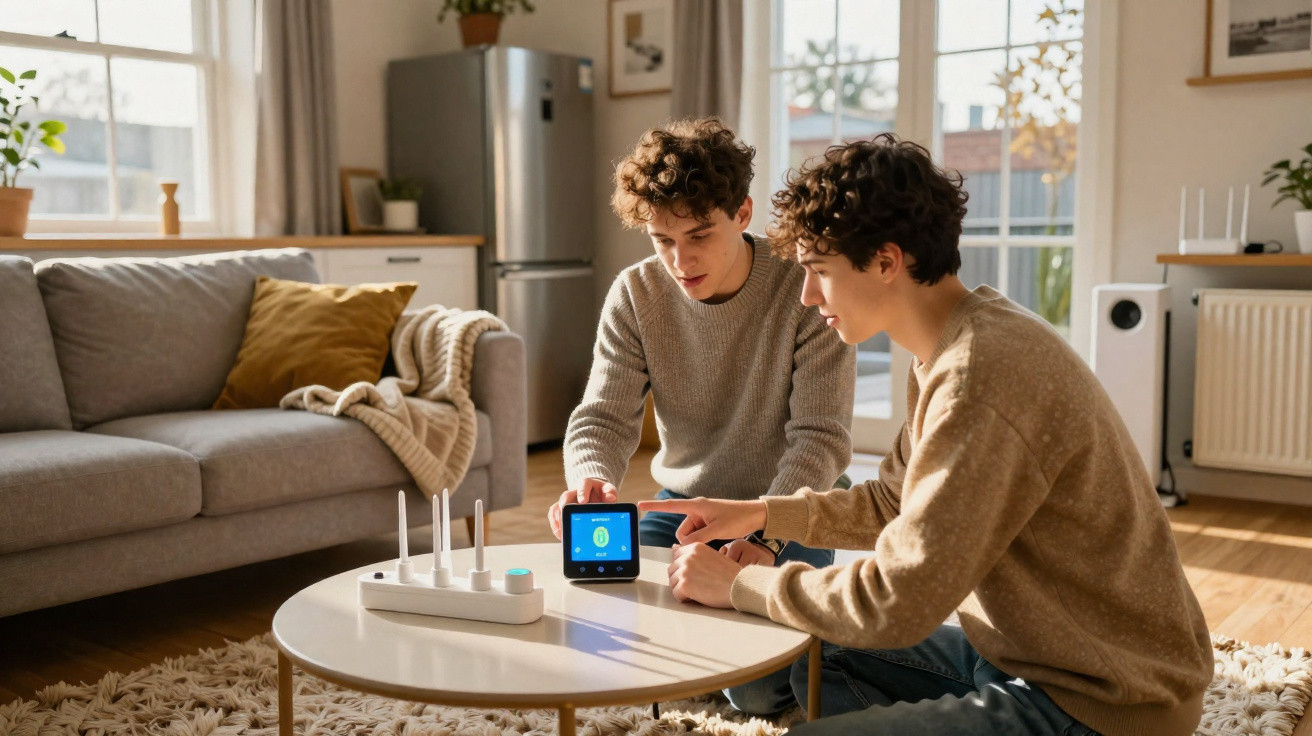 Two young men interacting with a smart home device on a coffee table in a cosy living room.