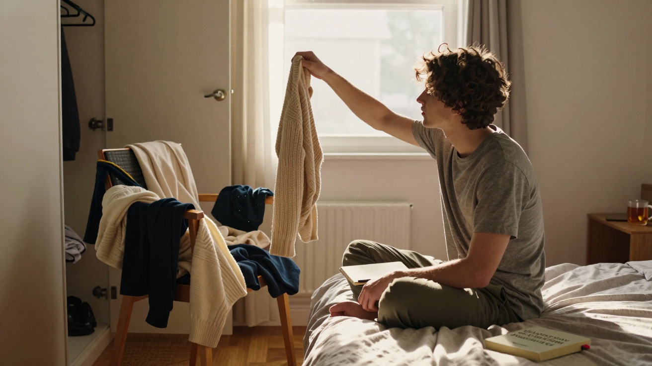 Young man sitting on bed holding up a jumper in a sunlit bedroom with clothes draped over a chair.