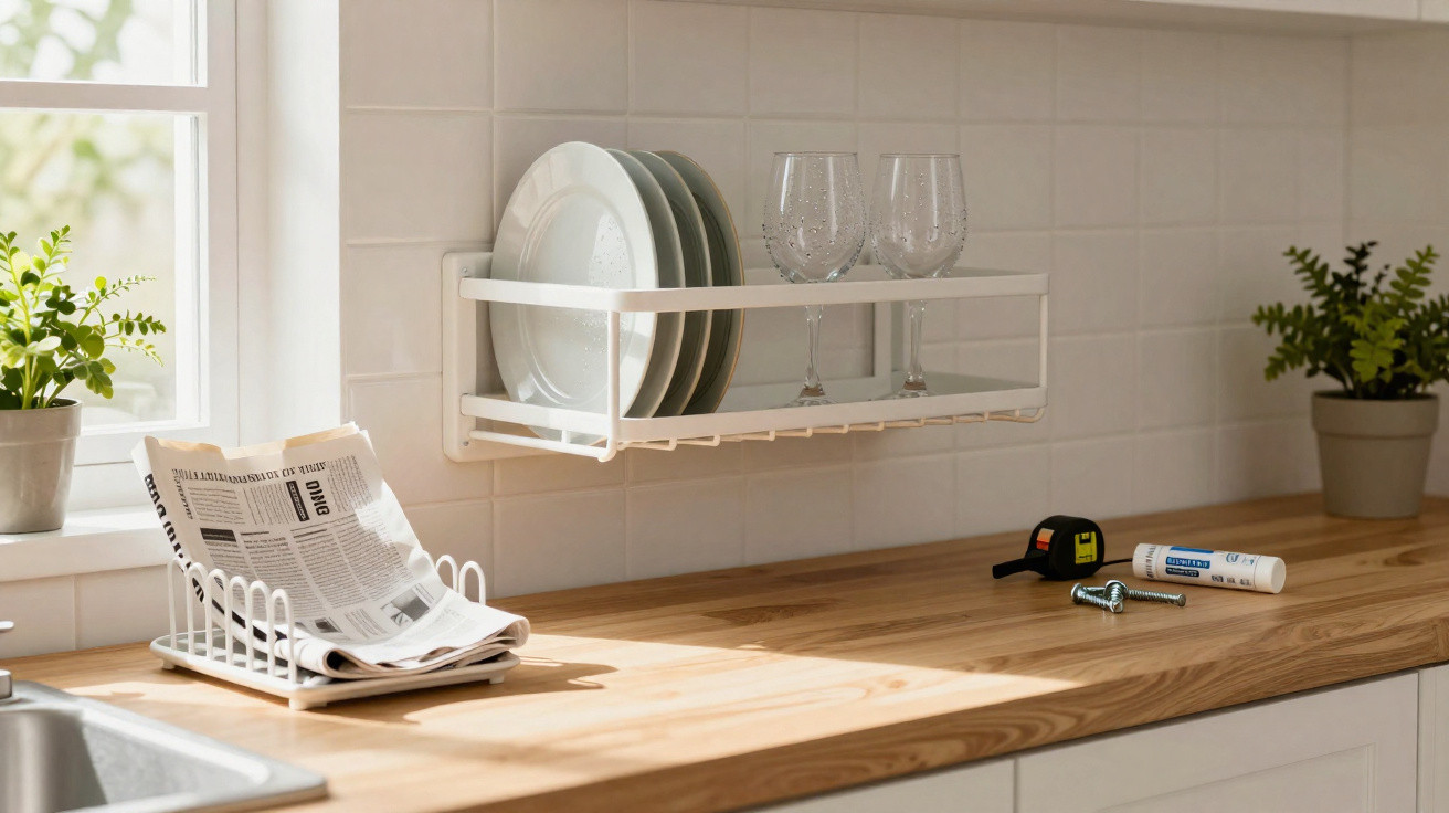 Wooden kitchen countertop with wall-mounted dish rack holding plates and glasses, a newspaper holder, plants, and tools.