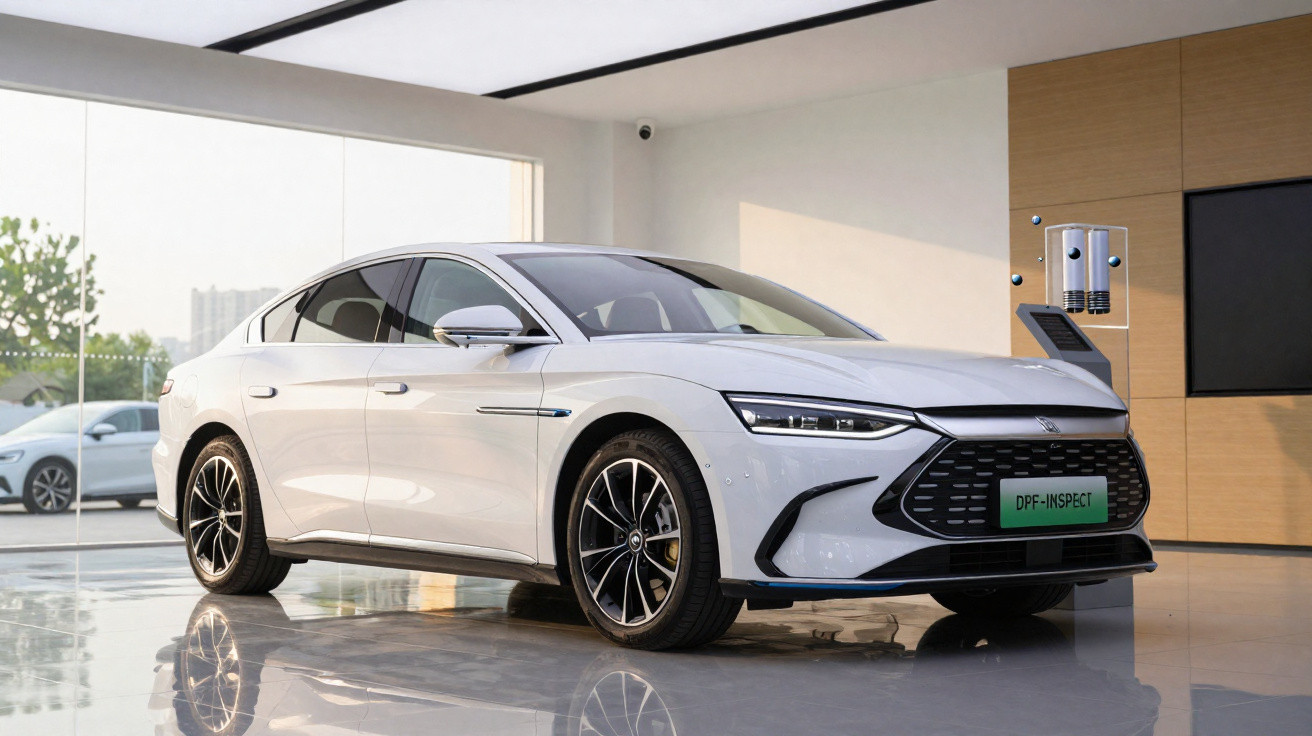 White modern electric sedan displayed inside a showroom with a glossy floor and large windows.