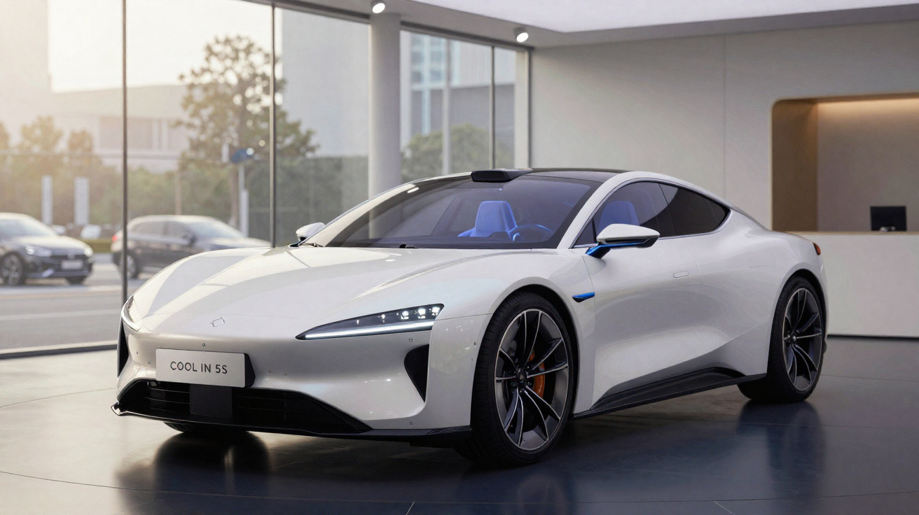 Sleek white electric sports car with blue interior displayed in a modern showroom with glass windows.