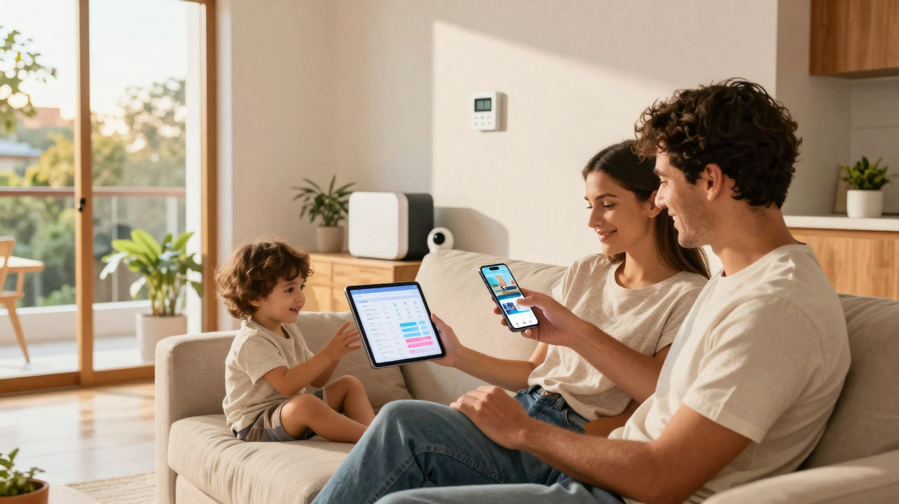 A family of three smiles and interacts with a tablet and smartphone while sitting on a beige sofa in a bright living room.