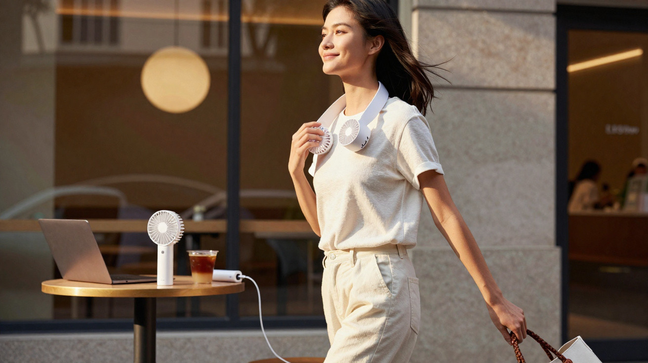 Woman wearing a portable neck fan walking past an outdoor table with a laptop, handheld fan, and iced coffee.