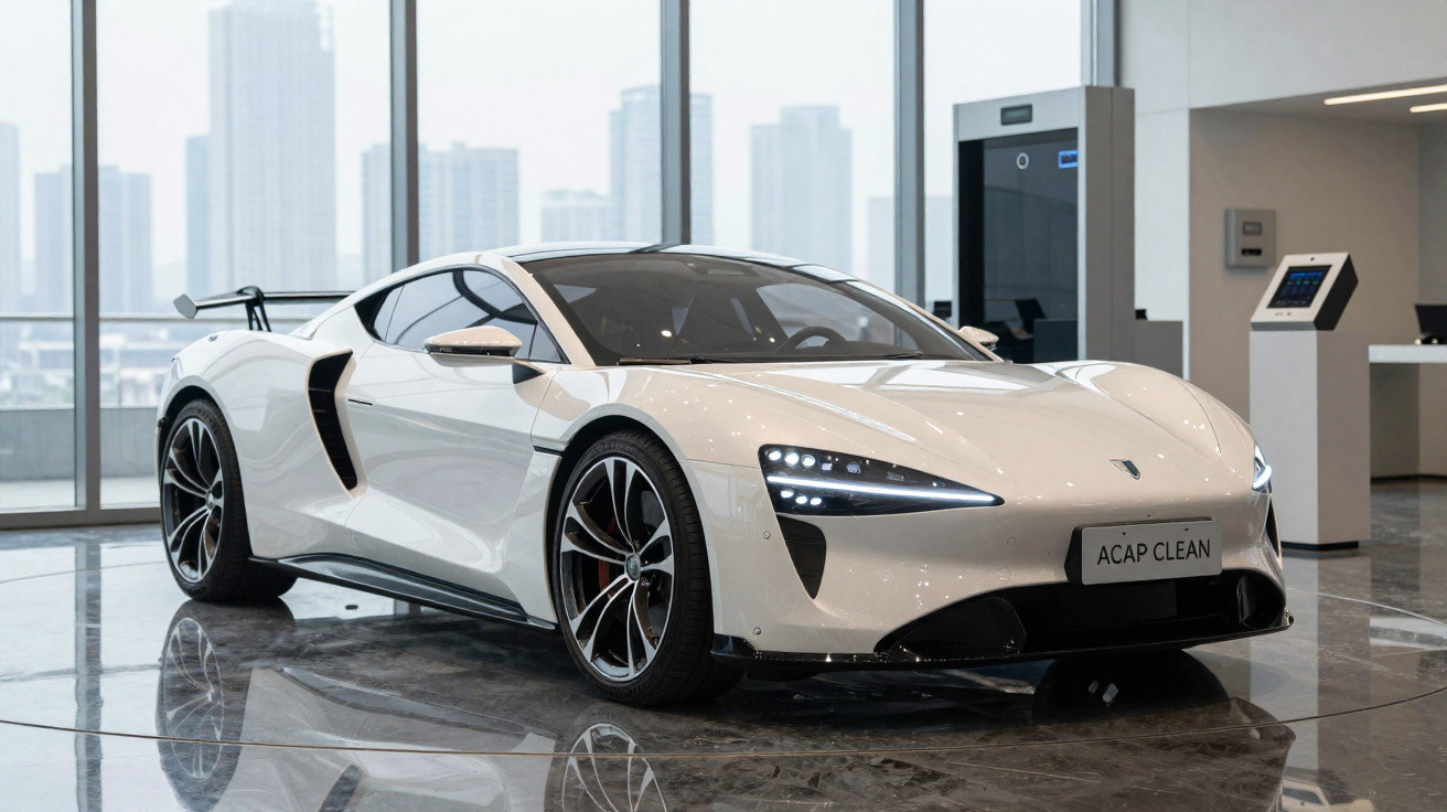 White sleek electric sports car displayed indoors with cityscape visible through large glass windows.