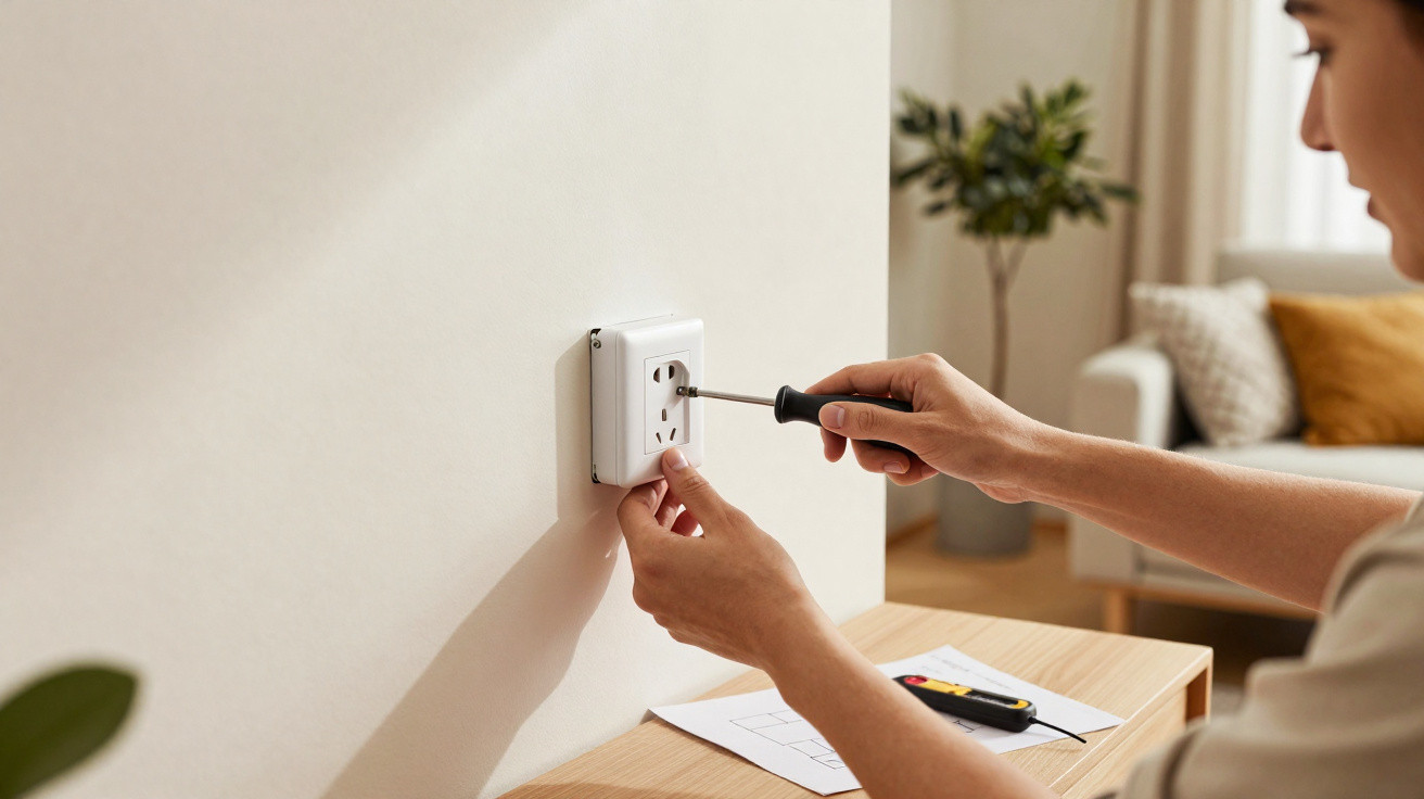Person using a screwdriver to install or repair a white electrical wall socket in a modern living room.