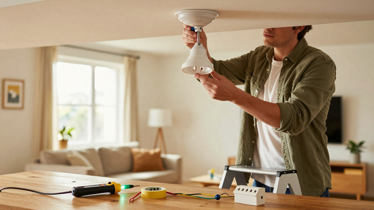 Person installing a ceiling light fixture in a cozy living room with tools on a wooden table nearby.
