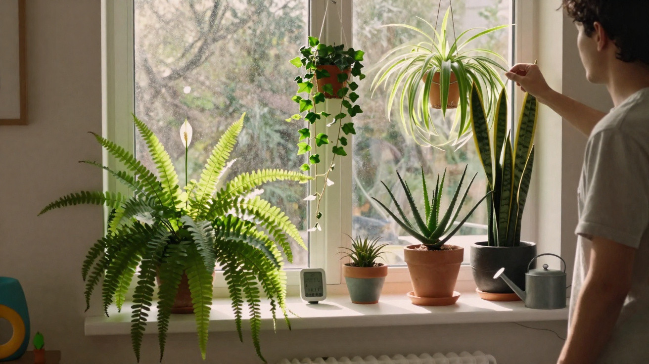 Person tending to various potted houseplants on a bright windowsill with a watering can nearby.