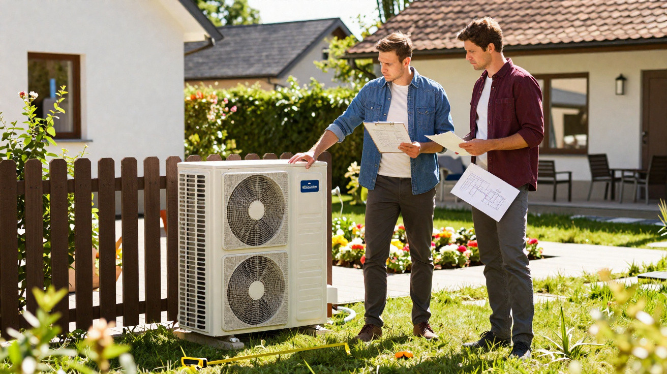 Two men inspecting an outdoor air conditioning unit in a garden near a house, holding documents.