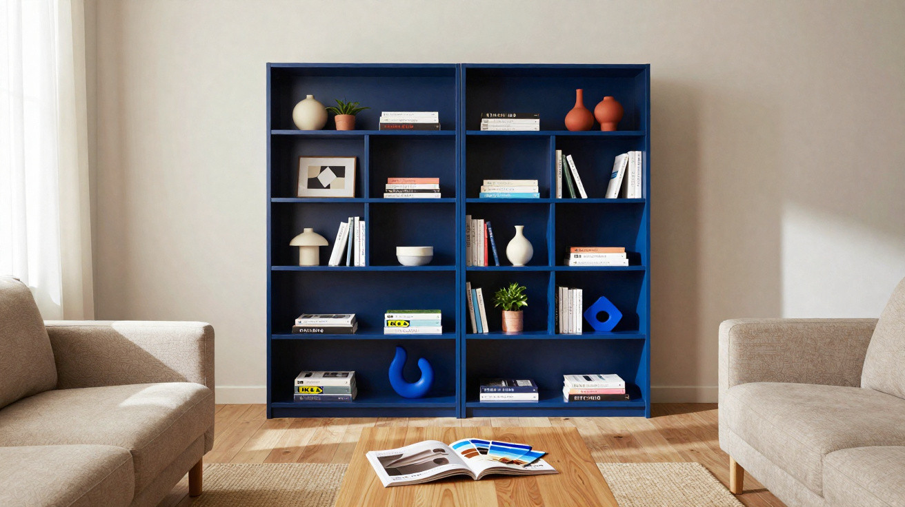 Blue bookshelf with books and decor items between two beige sofas in a bright living room.