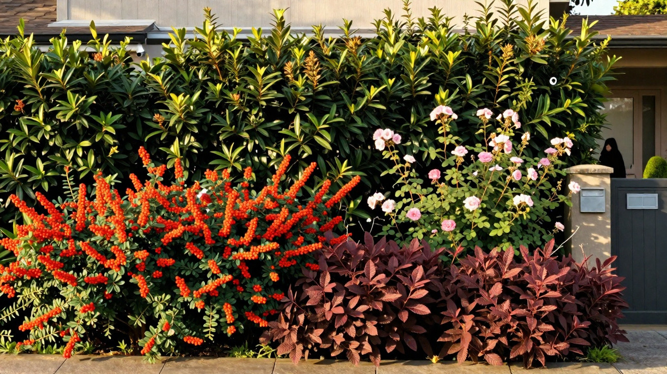 Garden with vibrant red berries, pink roses, purple foliage, and tall green shrubs in front of a house entrance.
