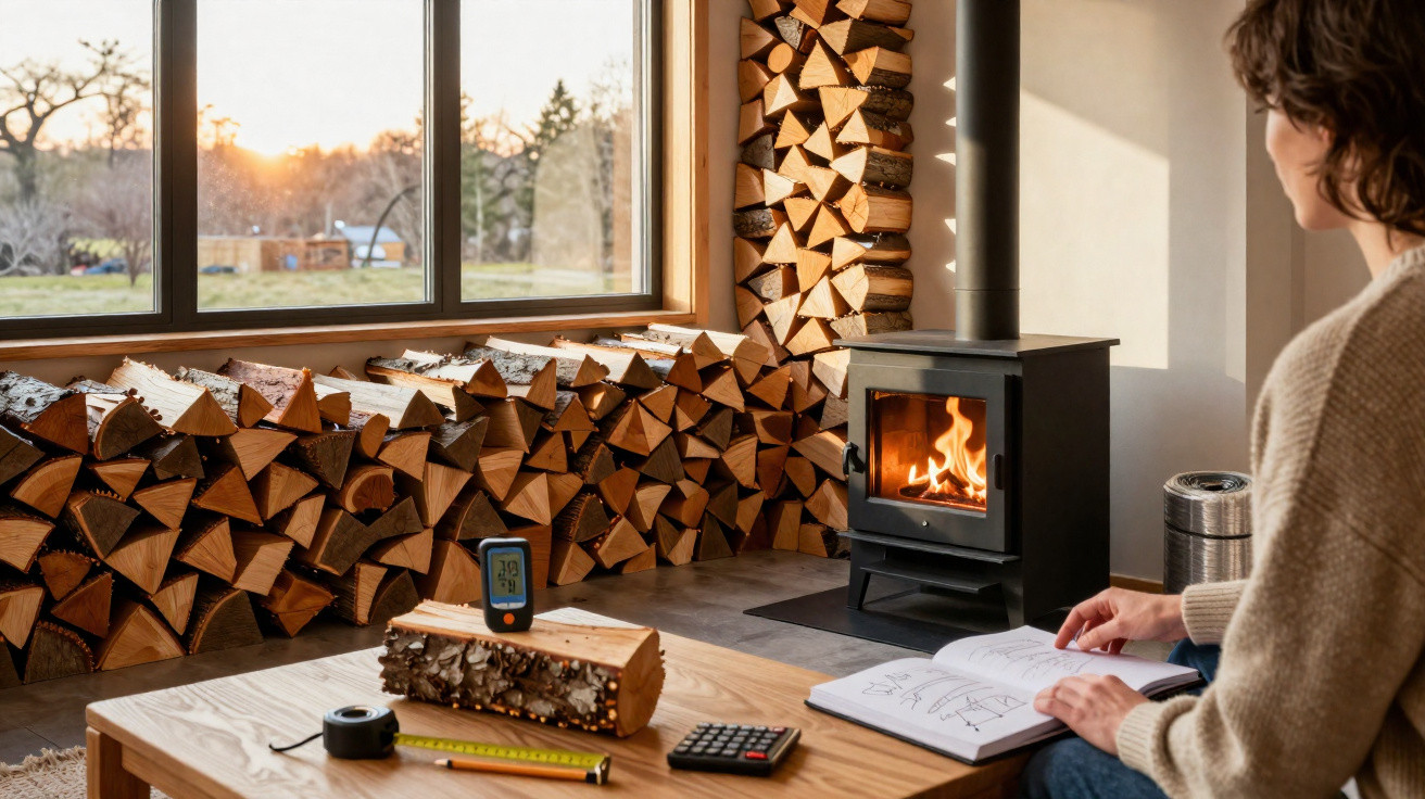 Person sitting near a wood-burning stove with stacked firewood, reading a book at sunset.