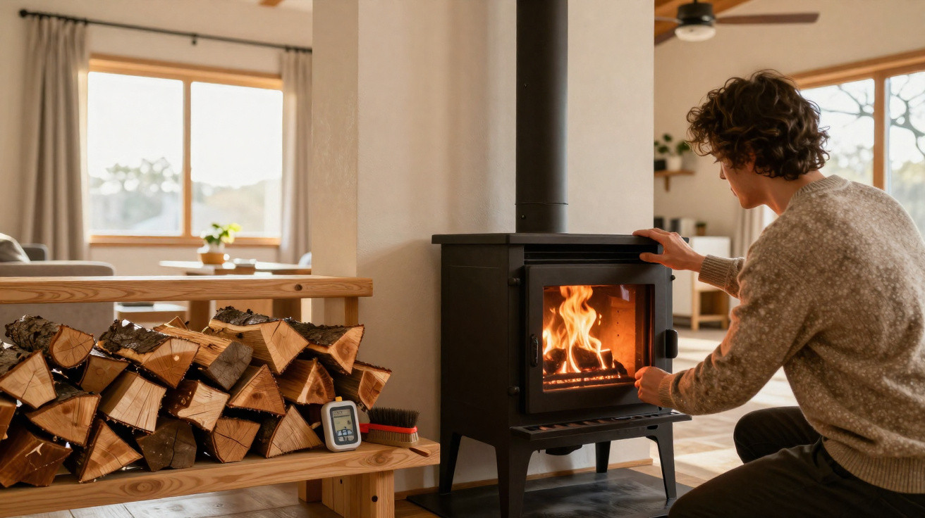 Person adjusting a lit wood-burning stove in a cosy, bright living room with stacked firewood nearby.