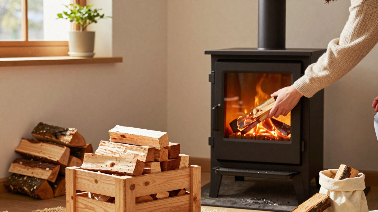 Person placing firewood into a burning wood stove in a cosy, sunlit room with stacked logs nearby.
