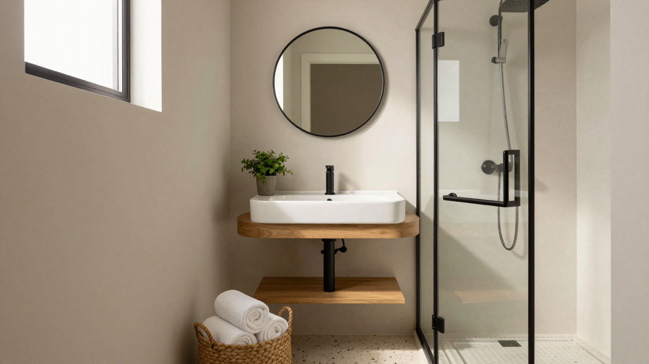 Minimalist bathroom with a wall-mounted sink, round mirror, glass shower enclosure, and a basket of rolled towels.