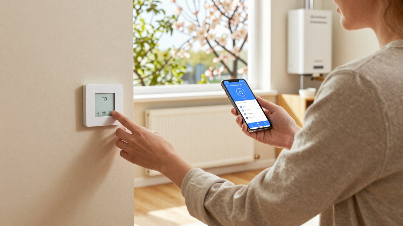 Person adjusting a smart thermostat on the wall using their phone app in a bright room.