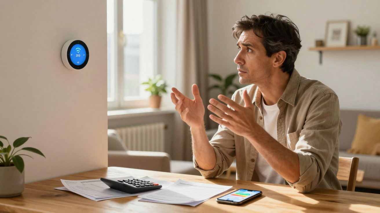 Man at table looking frustratedly at smart thermostat on wall, with bills and smartphone nearby.
