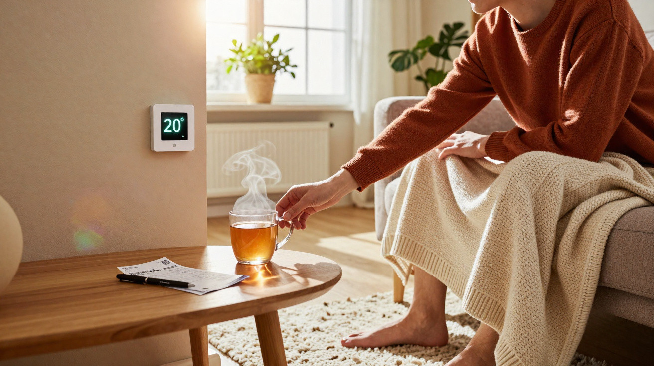 Person in orange sweater and beige blanket grabbing steaming tea from wooden table near thermostat reading 20°C.