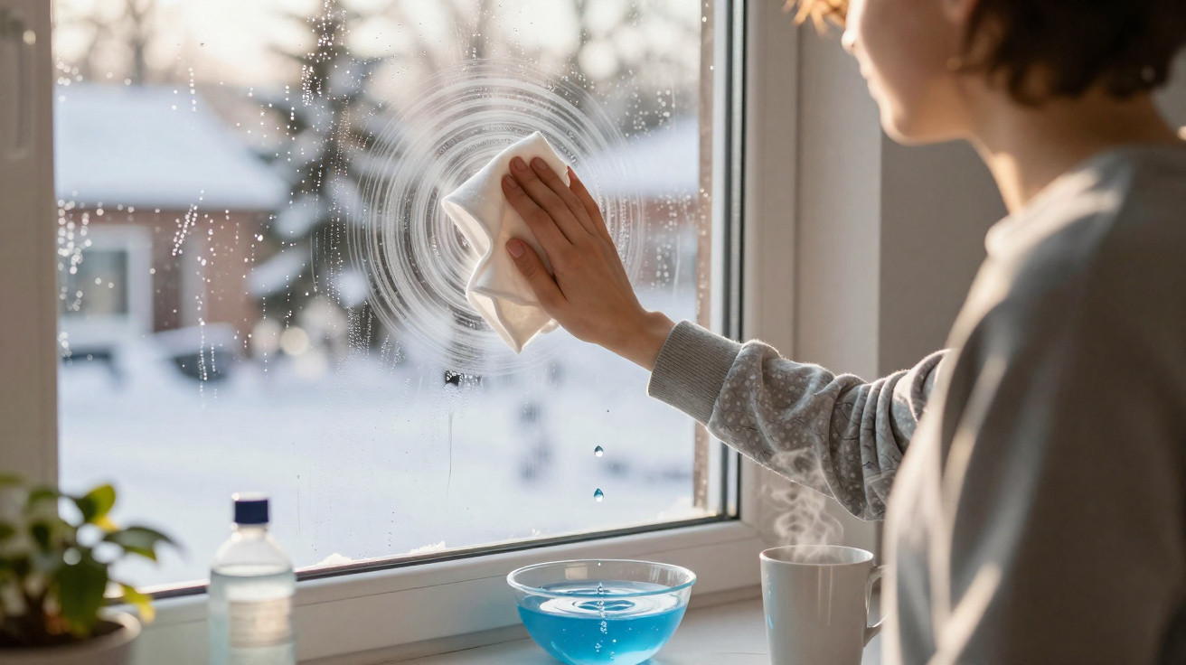 Person cleaning a frosty window with a cloth on a cold winter day, blue cleaning liquid nearby.