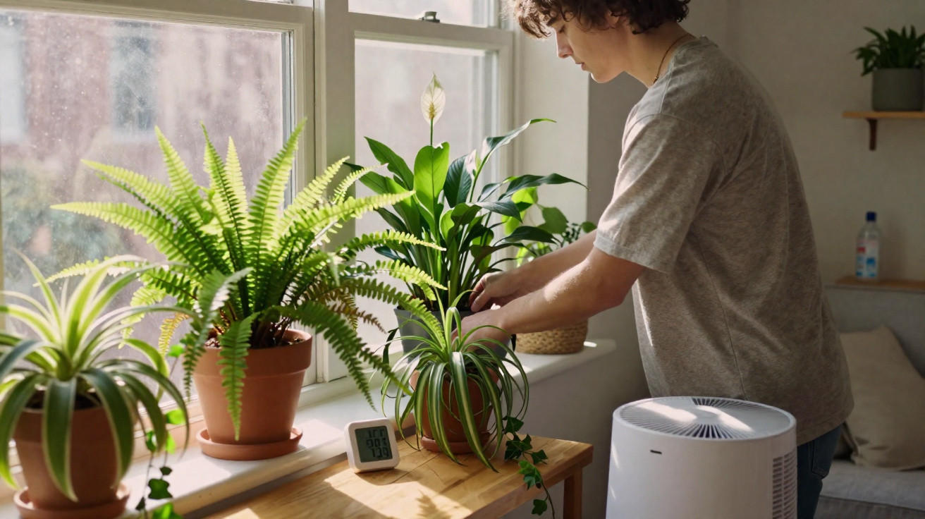 Person tending to various potted green plants on a wooden table by a sunlit window indoors.