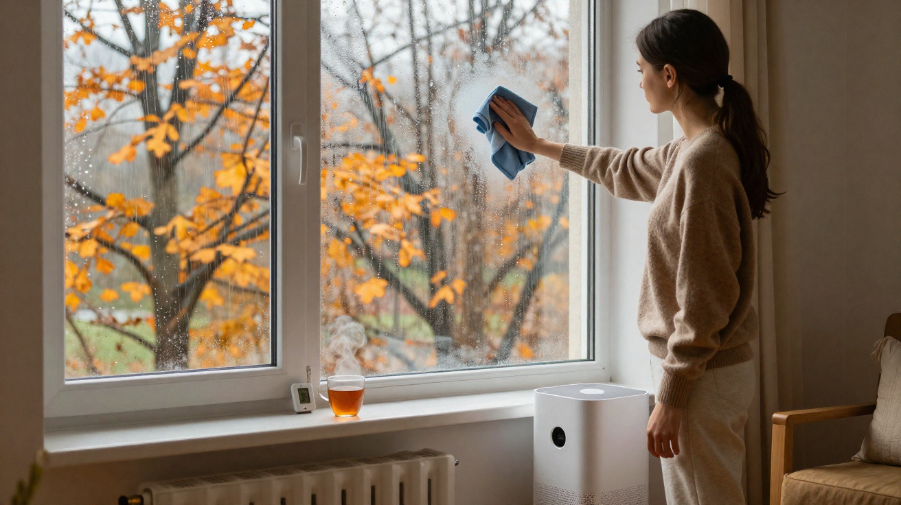 Woman cleaning a rainy window inside a cozy room with autumn trees visible outside.