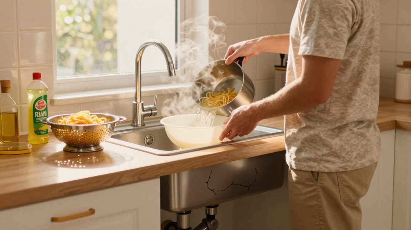 Person draining steaming cooked pasta into a colander in a bright kitchen with wooden countertops.