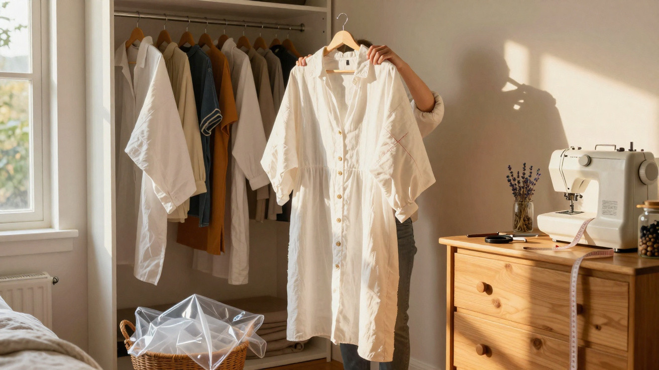 Person holding a white button-up dress in a sunlit bedroom with sewing machine and wardrobe in the background.
