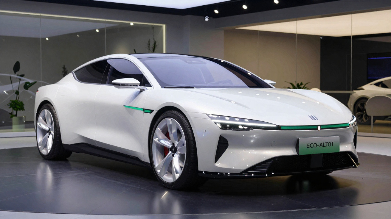 White futuristic electric sports car showcased indoors with sleek design and aerodynamic features.