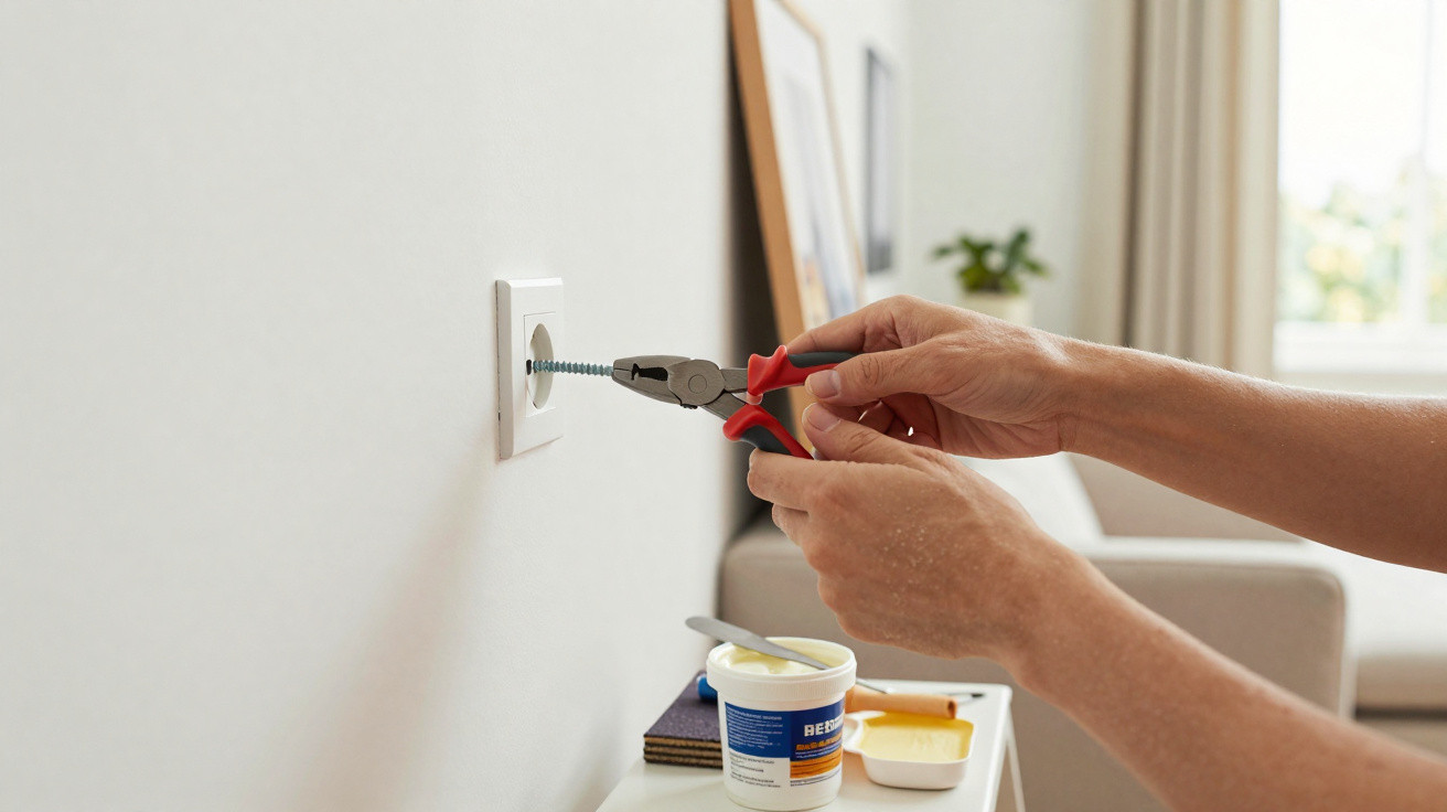 Hands using pliers to remove a screw from a wall socket in a living room with tools nearby.
