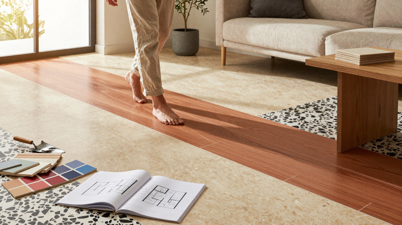 Barefoot person walking on mixed stone, wood, and terrazzo flooring near a sofa and open design book with colour swatches.