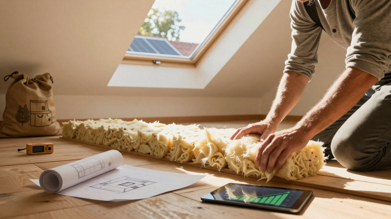 Person installing thick insulation material on attic floor under a skylight window with plans and tablet nearby