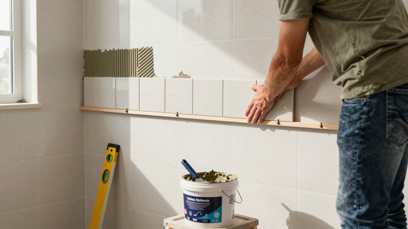Person fitting white ceramic tiles on a bathroom wall with tile adhesive and tools nearby.