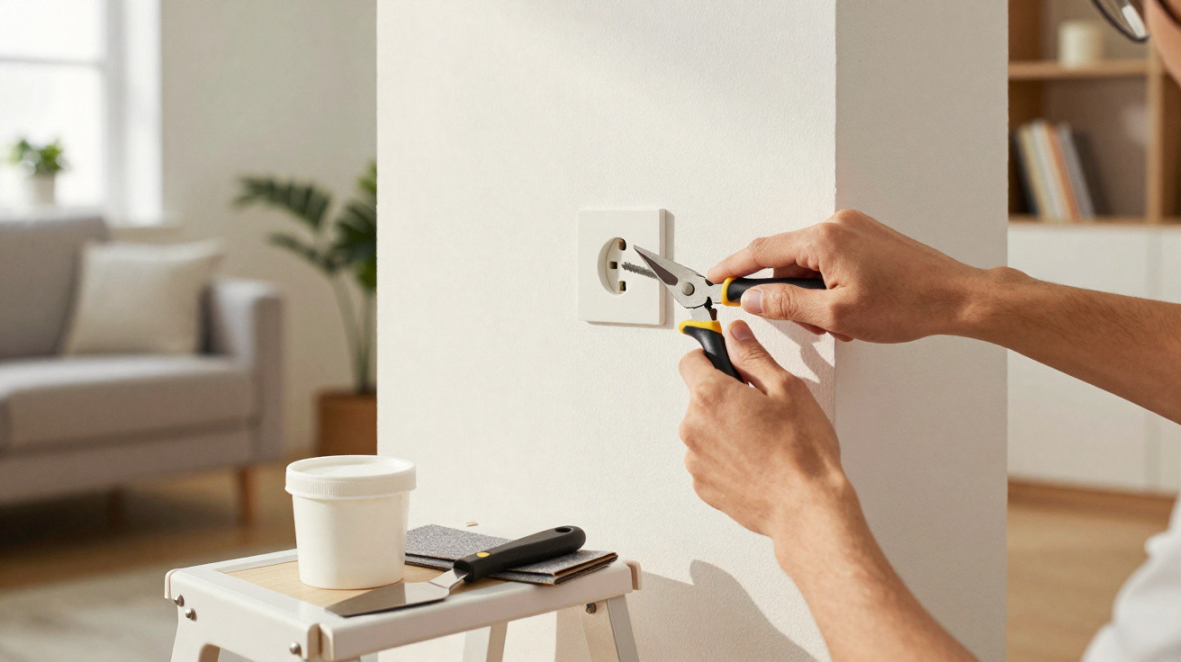 Person using pliers to fix or remove a power socket on a white wall in a living room.