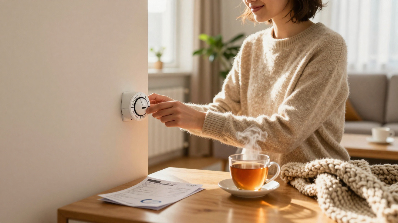 Person in beige sweater adjusting a wall thermostat near a steaming cup of tea and a knitted blanket on a wooden table.
