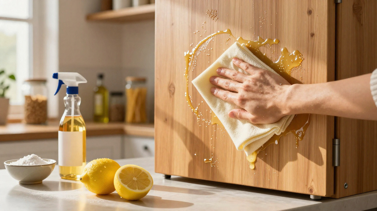 Hand wiping sticky liquid off wooden cabinet door with cloth, lemons, spray bottle and bowl of baking soda nearby.