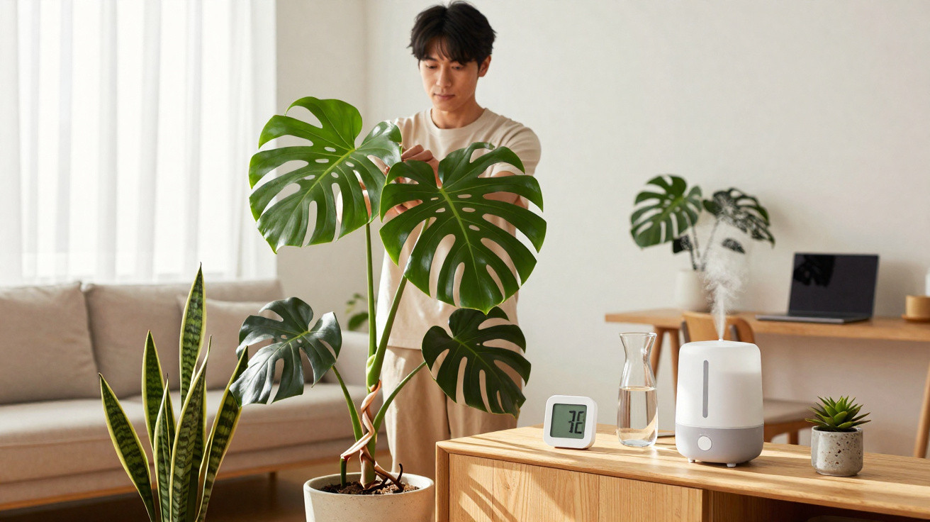 Man tending to a large monstera plant in a bright, modern living room with other green plants and humidifier nearby