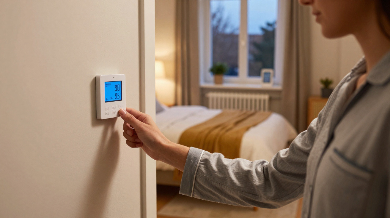 Person adjusting a digital thermostat on a bedroom wall with soft lighting and a made bed in the background.