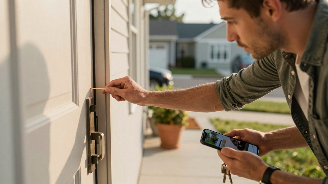 Man inserting a key in a door lock while holding a smartphone and keys outside a house.
