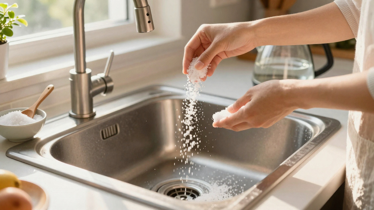 Hands sprinkling salt into a stainless steel kitchen sink next to a window with sunlight.
