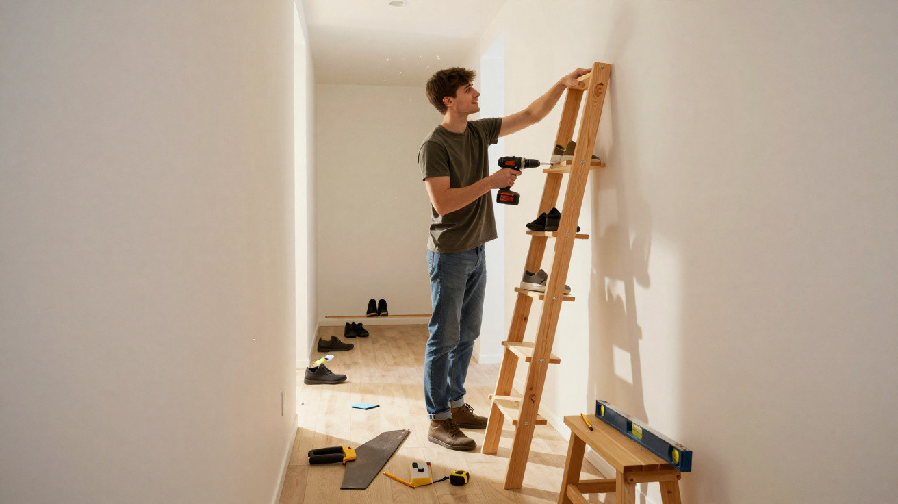 Man using an electric drill standing next to a wooden ladder in a narrow hallway with shoes and tools on the floor.