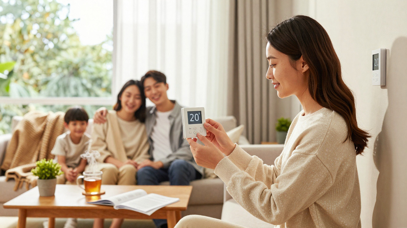 A woman adjusts a digital thermostat to 20°C while a family sits smiling on a sofa in the background.